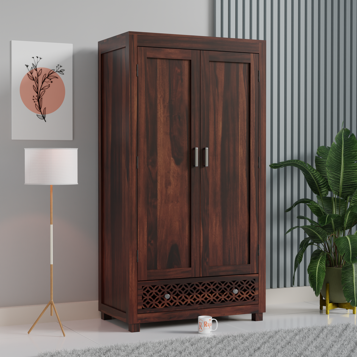 Solid Wood Wardrobe with Double Doors, Decorative Lattice Panel, Natural Honey Oak Finish