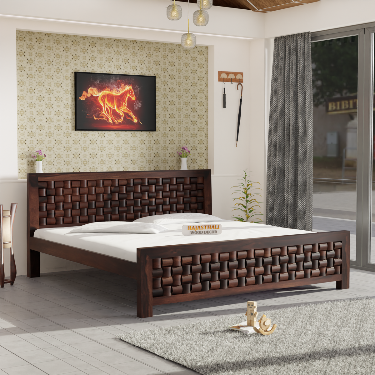 Solid Sheesham Wood King Size Bed with Headboard and Without Storage, Walnut Finish