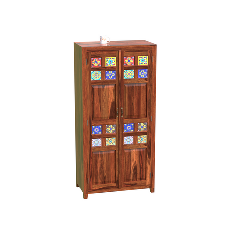 Solid Wood Ceramic Tile Floor Mounted Wardrobe/Almirah in Natural Finish - Rajasthali Furniture 