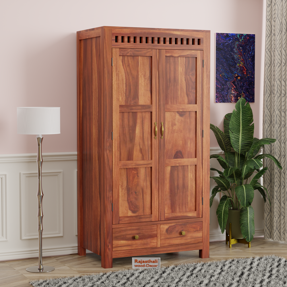 Wooden Two Door and Two Drawer Sheesham Wood Almirah Wardrobe for Bedroom in Honey oak and Dark Color with Natural and Walnut Finish - Rajasthali Furniture 