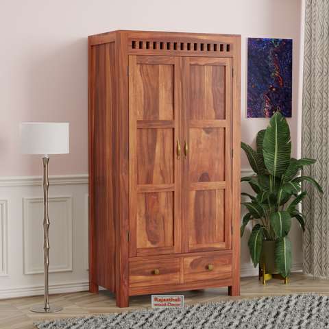 Wooden Two Door and Two Drawer Sheesham Wood Almirah Wardrobe for Bedroom in Honey oak and Dark Color with Natural and Walnut Finish