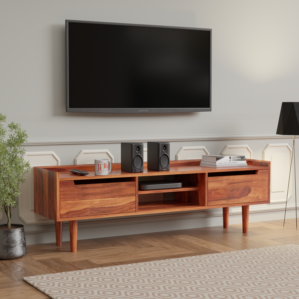 Solid Wood Two Door with one center wooden Shelf LCD cabinet with rustic legs in honey oak finish - Rajasthali Furniture 
