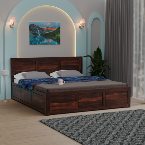 Solid Sheesham Wood King Size Bed with Headboard | Double Bed without Storage in Natural and Walnut Finish