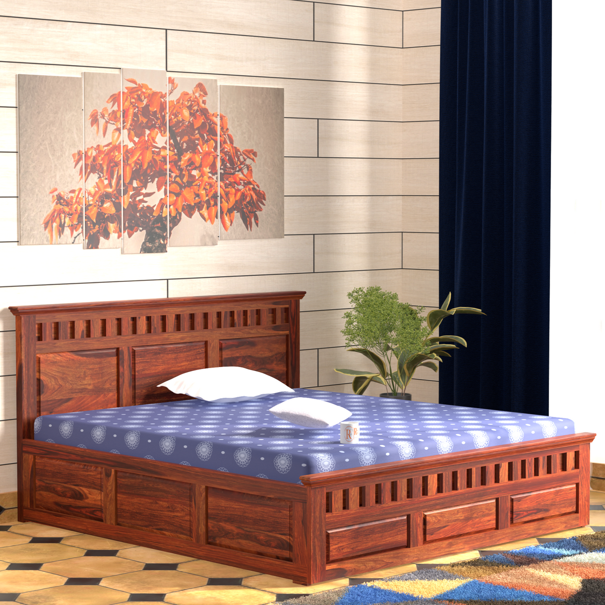 Malen Solid Wood Double Bed with Box Storage in Honey Oak Finish