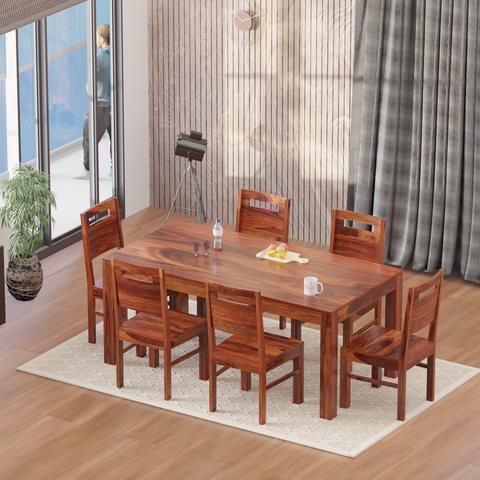 Rosa Solid Sheesham Wood Six Seat Dining Table Set in Natural Finish - Rajasthali Furniture 