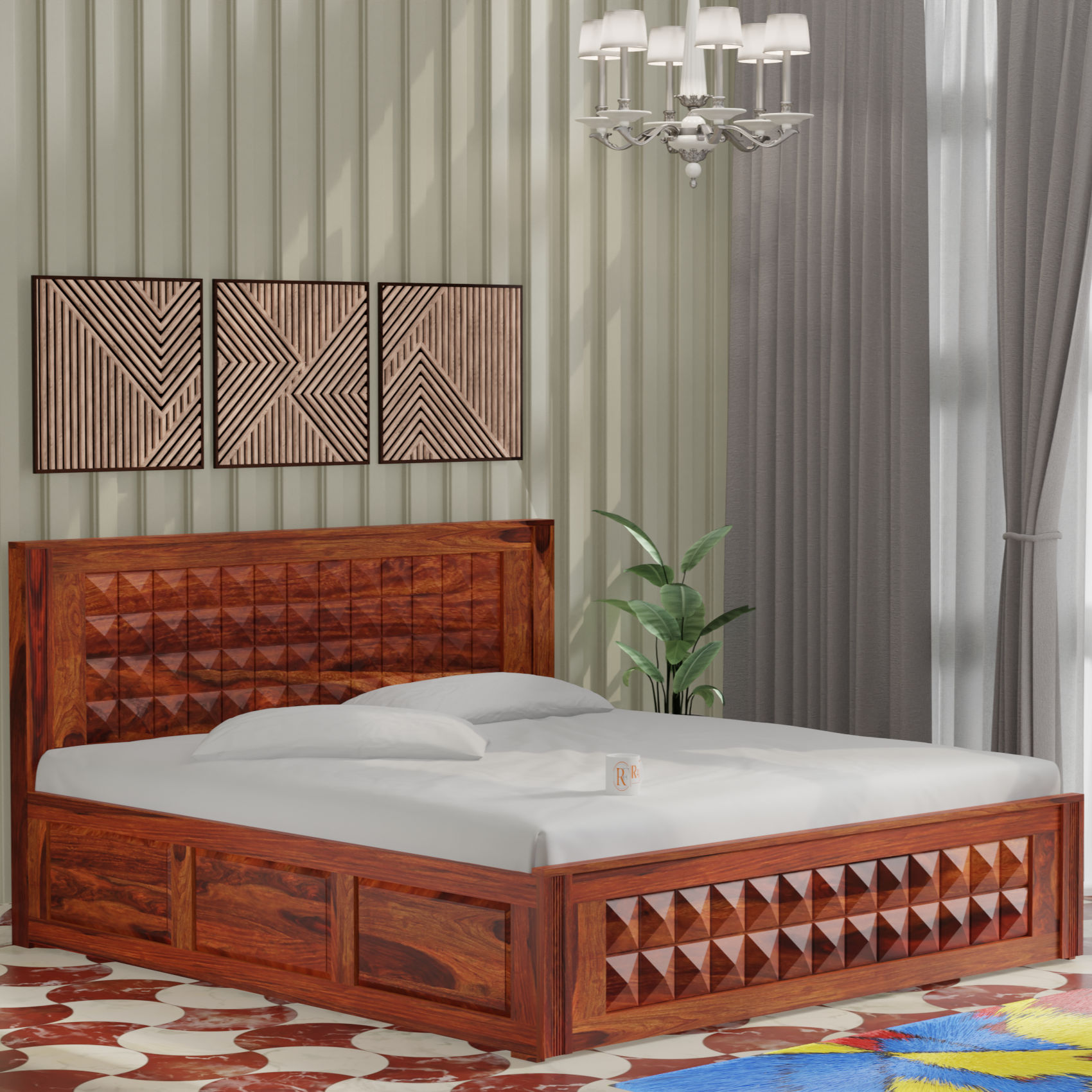 Vrij Solid Wood Double Queen Size Bed with Box Storage in Honey Oak Finish - Rajasthali Furniture 