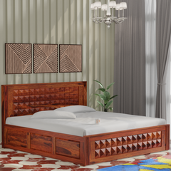 Vrij Solid Wood Double Queen Size Bed with Box Storage in Honey Oak Finish