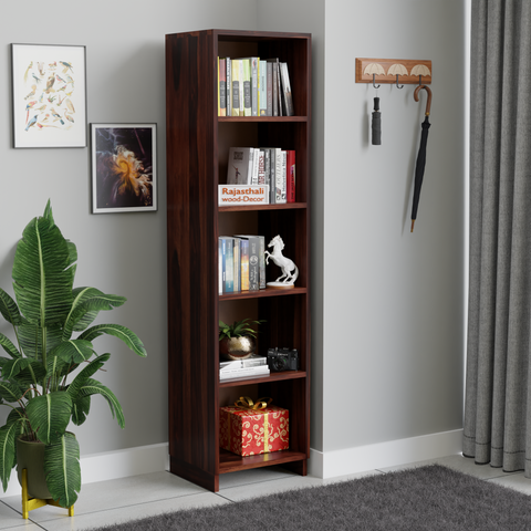 Sheesham Wood Open Book Cabinet with wooden 5 Shelves in Honey Oak and dark Color with Natural and Walnut Finish