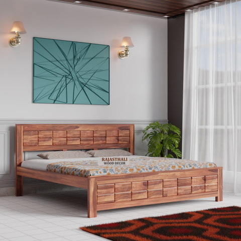 Solid Sheesham Wood King Size Bed with Headboard and Without Storage, Natural Finish