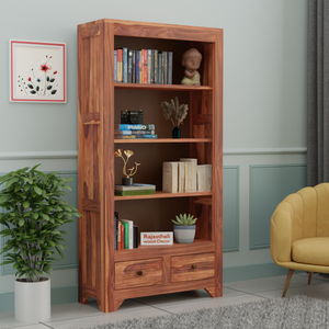 Wooden  Two Drawer 3 Shelves book shelf cum display cabinet in Honey Oak Color with Natural Finish - Rajasthali Furniture 