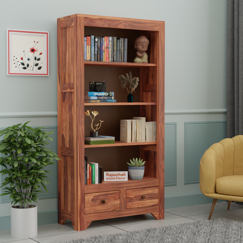 Wooden  Two Drawer 3 Shelves book shelf cum display cabinet in Honey Oak Color with Natural Finish