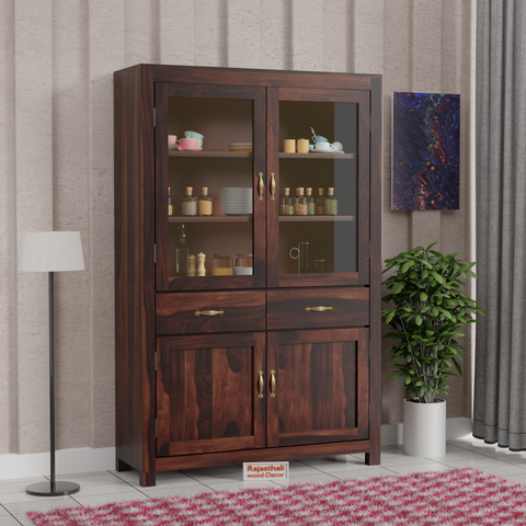 Bened Wooden Glass and Wooden Door Cabinet with two Drawer for Study and kitchen room in Natural and Walnut Finish