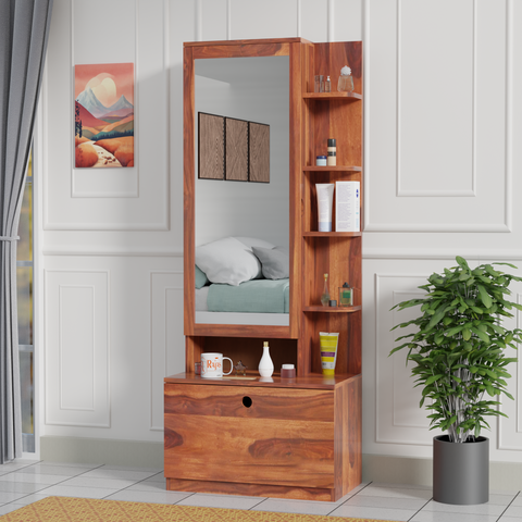 Solid Sheesham Wood Dressing Table, Organizer Makeup Vanity with Mirror Storage Shelves for Bedroom