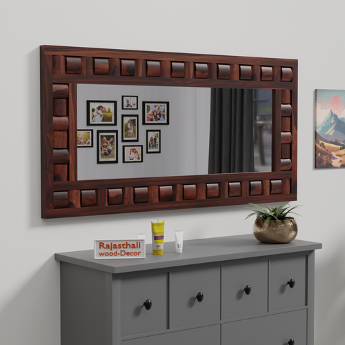 Doyle Wooden Niwar Design Wall Mirror cum Dresser Mirror for Bedroom or Washroom in Natural and Walnut Finish 58 inches - Rajasthali Furniture 