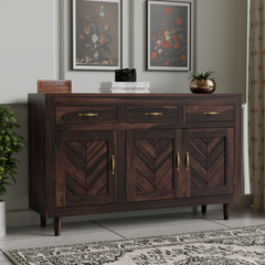 Wooden Sideboard Storage Cabinet with 3 Drawers and 3 Doors Storage Wooden Cabinet for Living Room in Walnut Finish - Rajasthali Furniture 