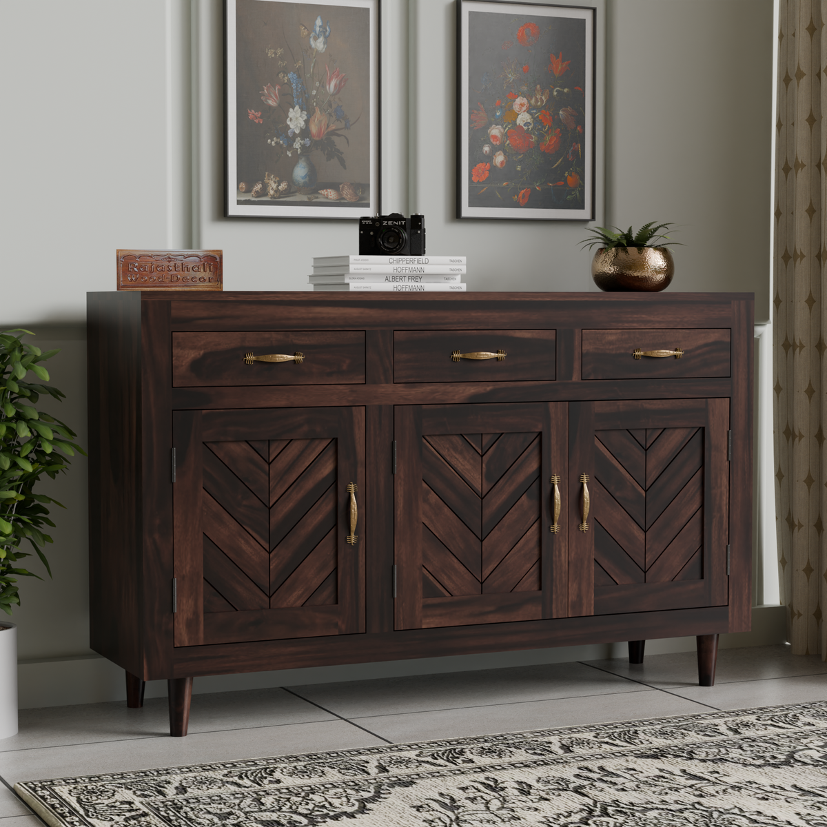 Wooden Sideboard Storage Cabinet with 3 Drawers and 3 Doors Storage Wooden Cabinet for Living Room in Walnut Finish