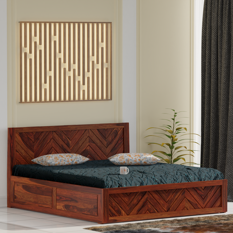 Daley Solid Wood Double Bed with Box Storage in Honey Oak Finish - Rajasthali Furniture 