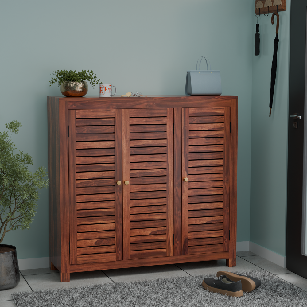 Haze Solid Wood Three Door One Drawer Shoe Rack in Honey Oak Finish - Rajasthali Furniture 