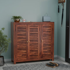 Haze Solid Wood Three Door One Drawer Shoe Rack in Honey Oak Finish - Rajasthali Furniture 