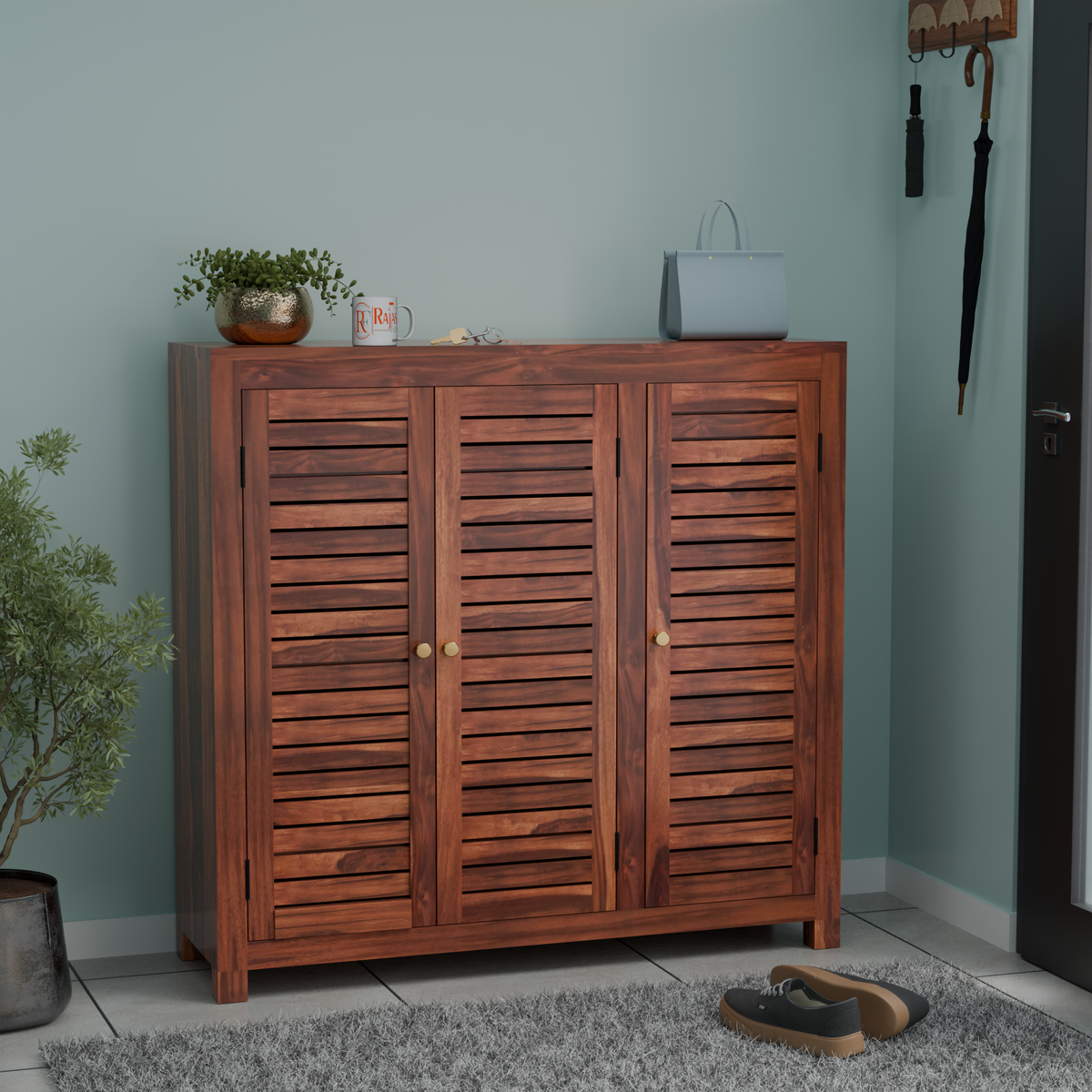 Haze Solid Wood Three Door One Drawer Shoe Rack in Honey Oak Finish