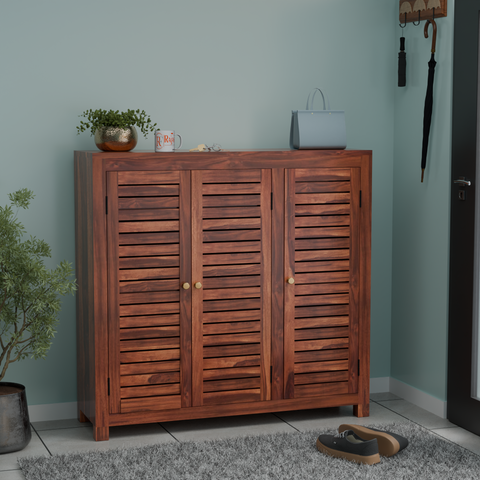 Haze Solid Wood Three Door One Drawer Shoe Rack in Honey Oak Finish