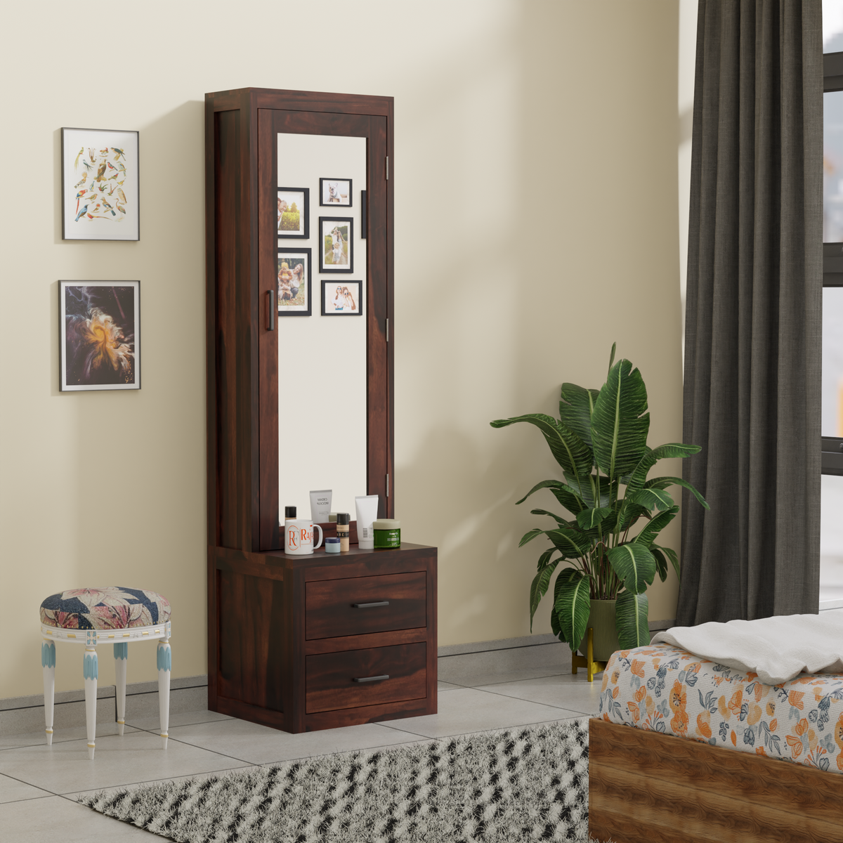 Two Drawer Wooden Dressing Table with Storage and Mirror Dressing Table in Honey Oak and walnut Color With Natural Finish