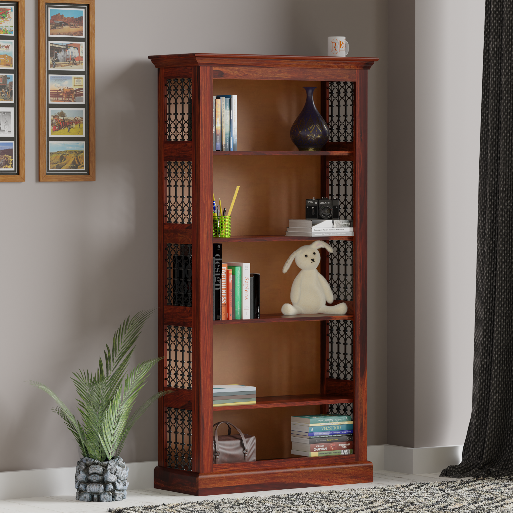 Multishelves Floor Mounted Solid Wood Book Rack in Natural Finish - Rajasthali Furniture 