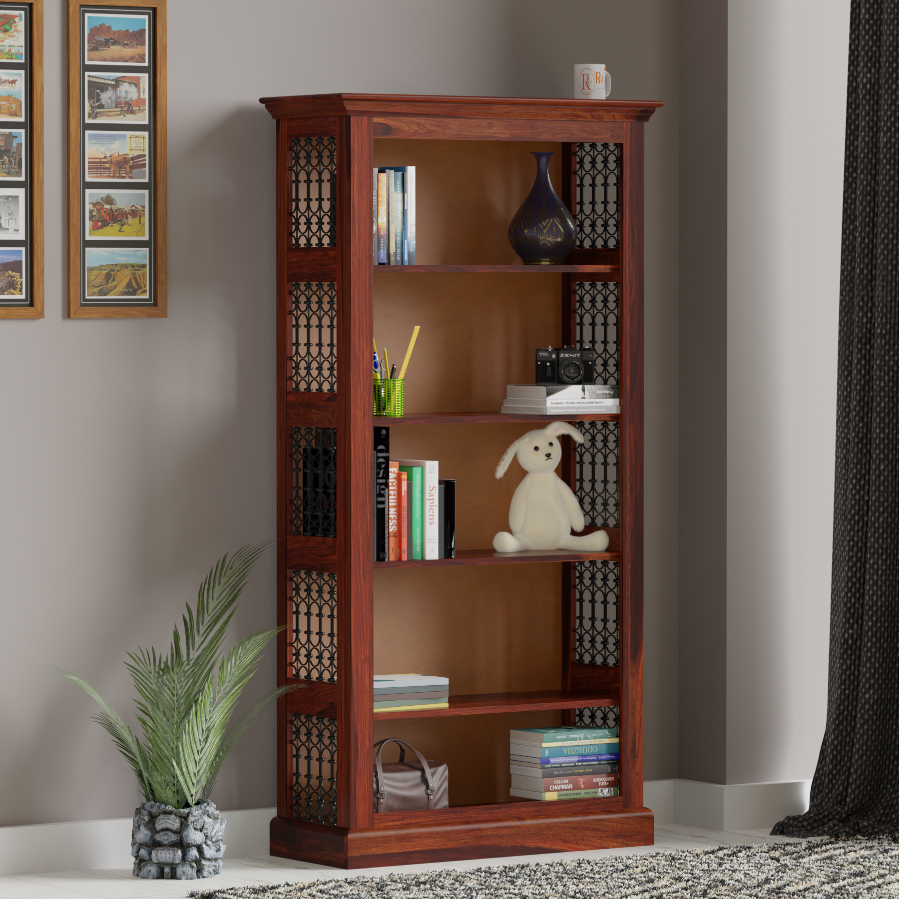 Singlel Book Rack Multishelves Floor Mounted Solid Wood Book Rack in Natural Finish