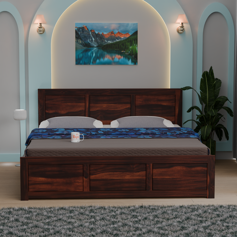 Solid Sheesham Wood King Size Bed with Headboard | Double Bed without Storage in Natural and Walnut Finish