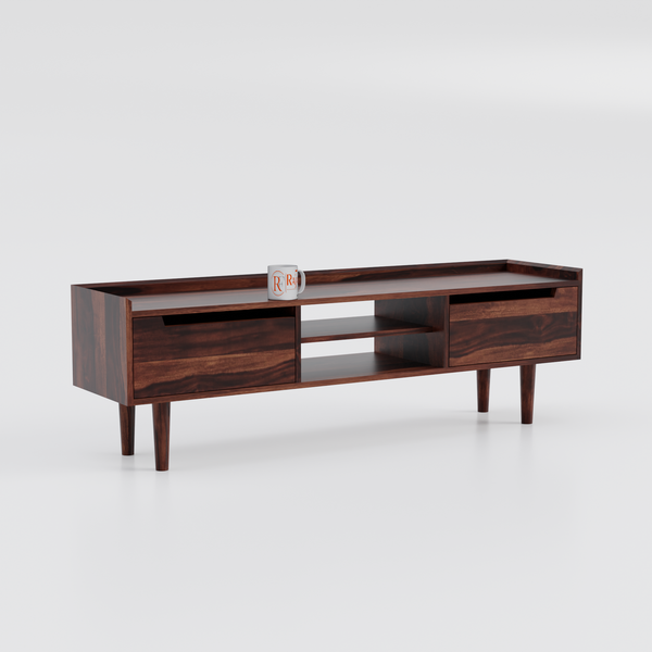 Solid Wood Two Door with one center wooden Shelf LCD cabinet with rustic legs in honey oak finish - Rajasthali Furniture 