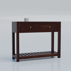 Solid Wood Two Drawer Console Unit with Table Top for Your Bedroom, Wooden Console for Bathroom in Natural Finish - Rajasthali Furniture 
