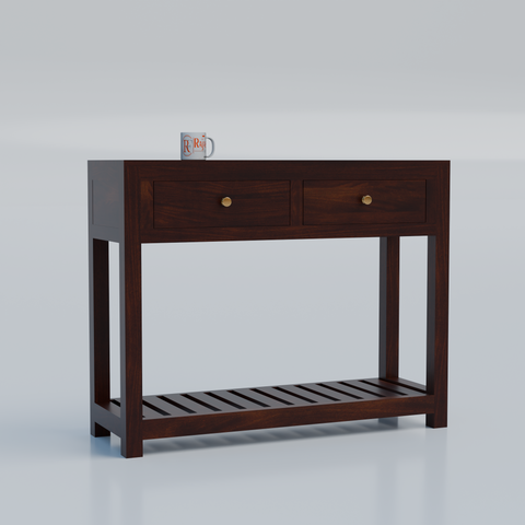 Solid Wood Two Drawer Console Unit with Table Top for Your Bedroom, Wooden Console for Bathroom in Natural Finish