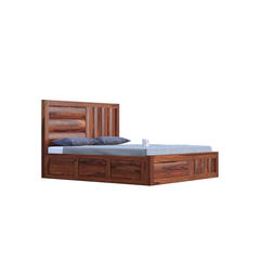 Solid Wood King Size Badi Niwar Double Bed with Box Storage in Natural Finish