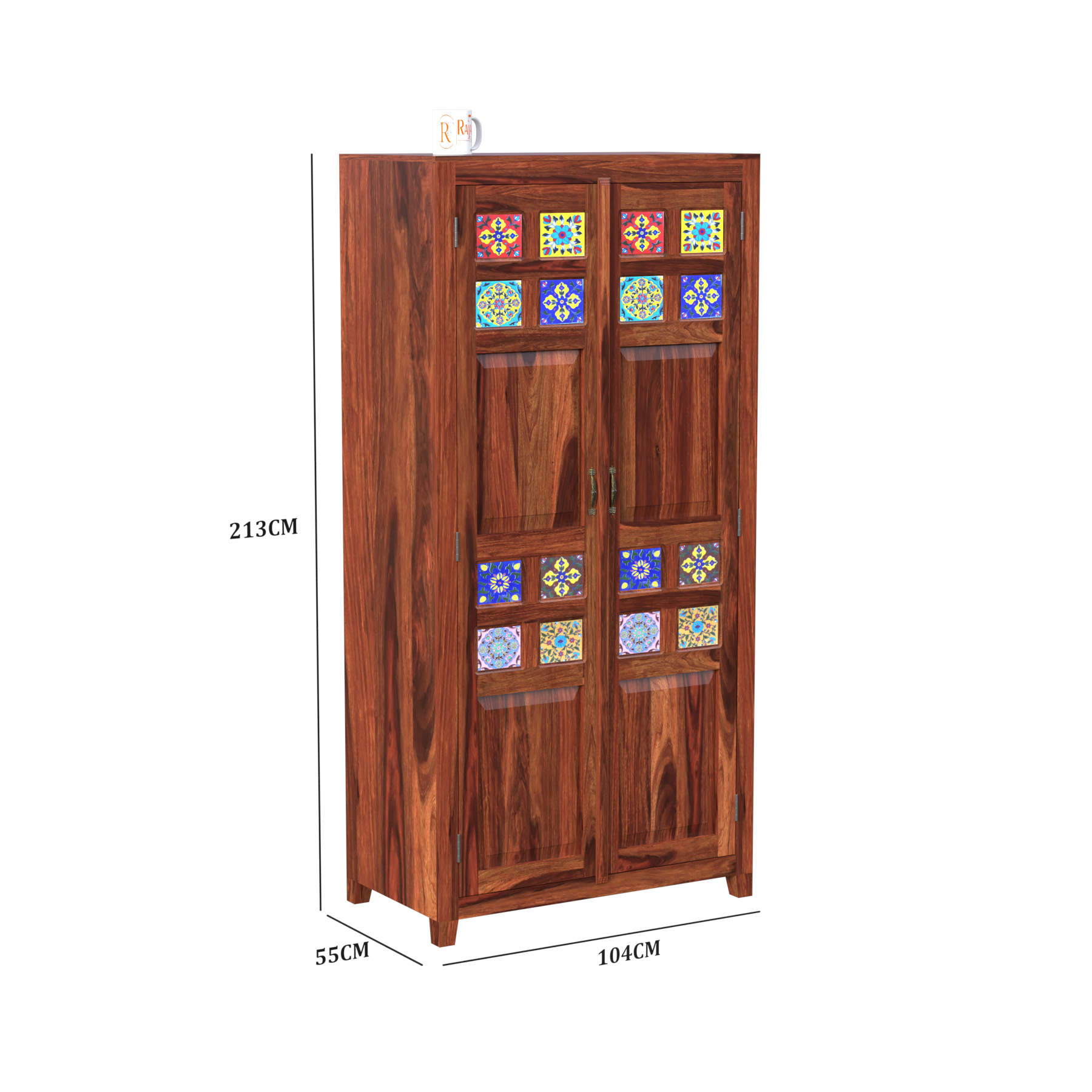 Solid Wood Ceramic Tile Floor Mounted Wardrobe/Almirah in Natural Finish - Rajasthali Furniture 