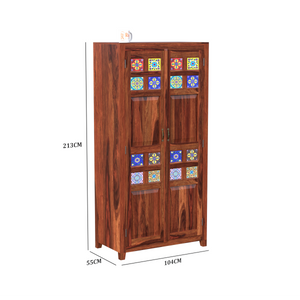 Solid Wood Ceramic Tile Floor Mounted Wardrobe/Almirah in Natural Finish - Rajasthali Furniture 