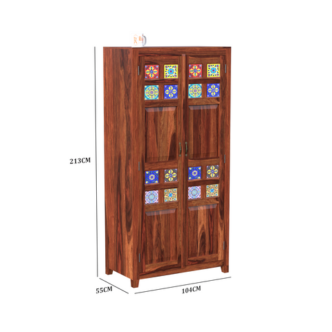 Solid Wood Ceramic Tile Floor Mounted Wardrobe/Almirah in Natural Finish - Rajasthali Furniture 