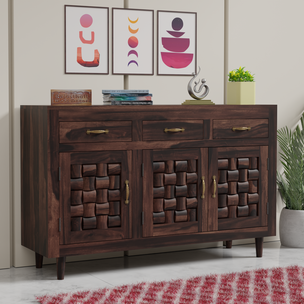 Wooden Sideboard Storage Cabinet with 3 Drawers and 3 Doors Storage Wooden Cabinet for Living Room in Walnut Finish