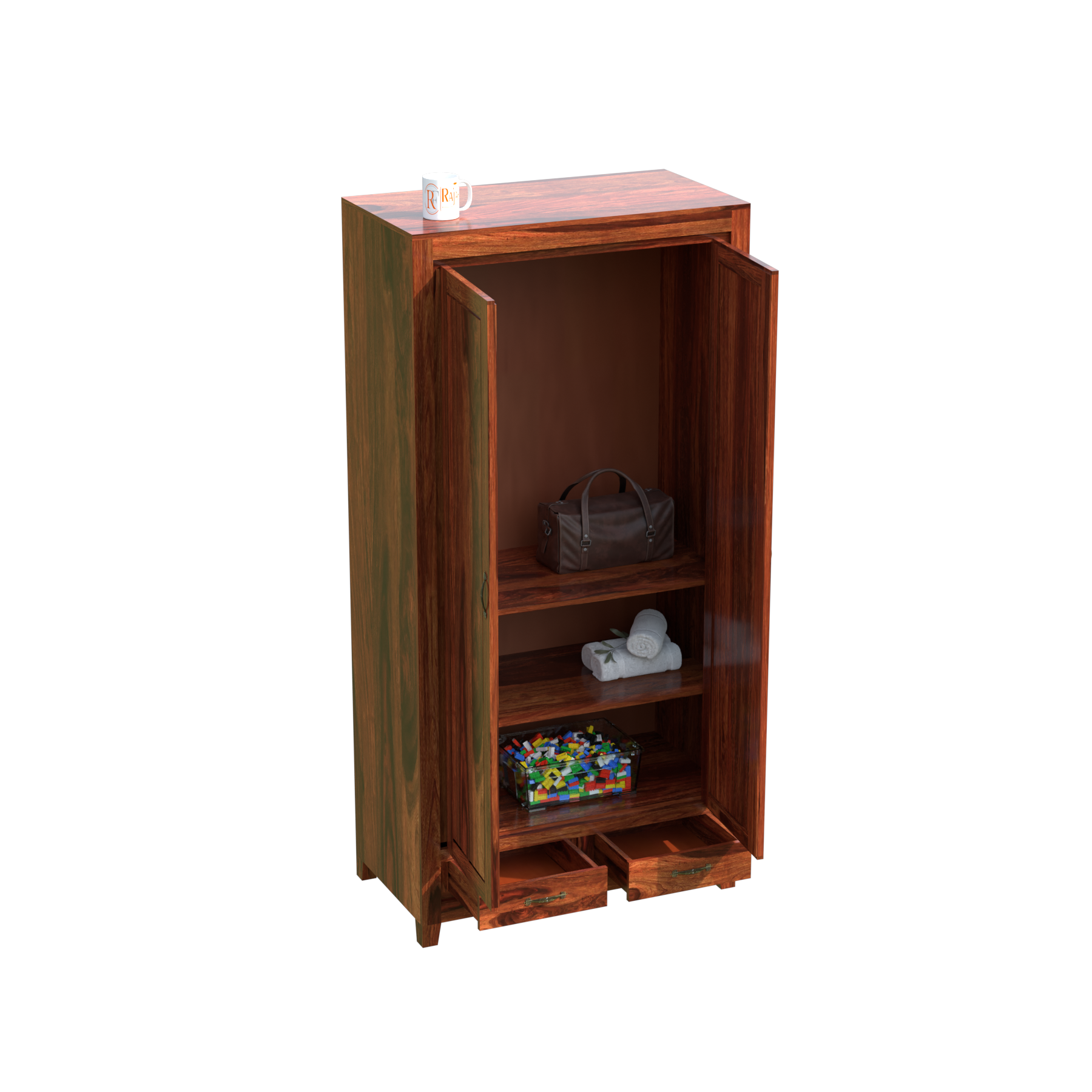 Solid Wood Centi Group Floor Mounted Wardrobe/Almirah in Natural Finish - Rajasthali Furniture 