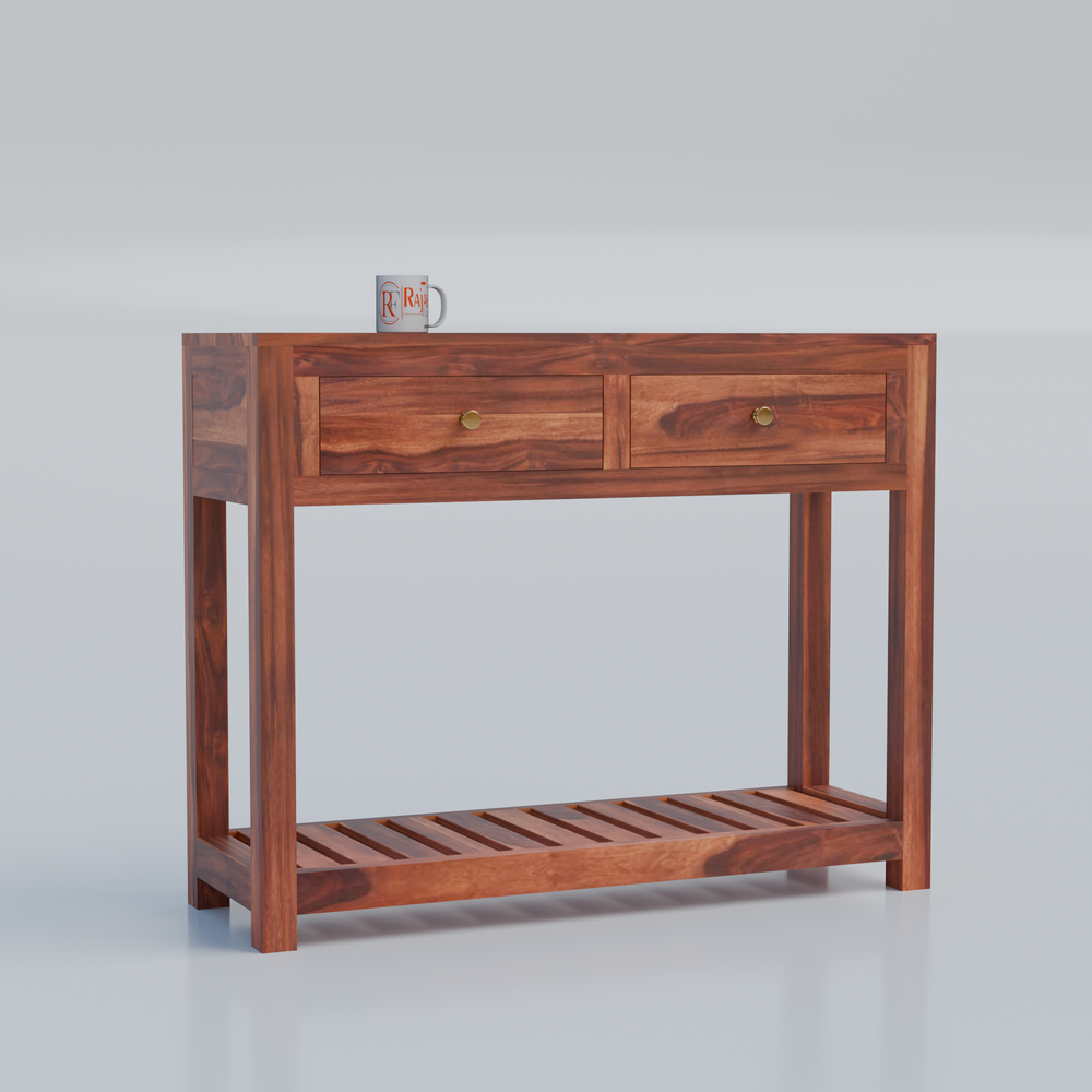 Solid Wood Two Drawer Console Unit with Table Top for Your Bedroom, Wooden Console for Bathroom in Natural Finish - Rajasthali Furniture 