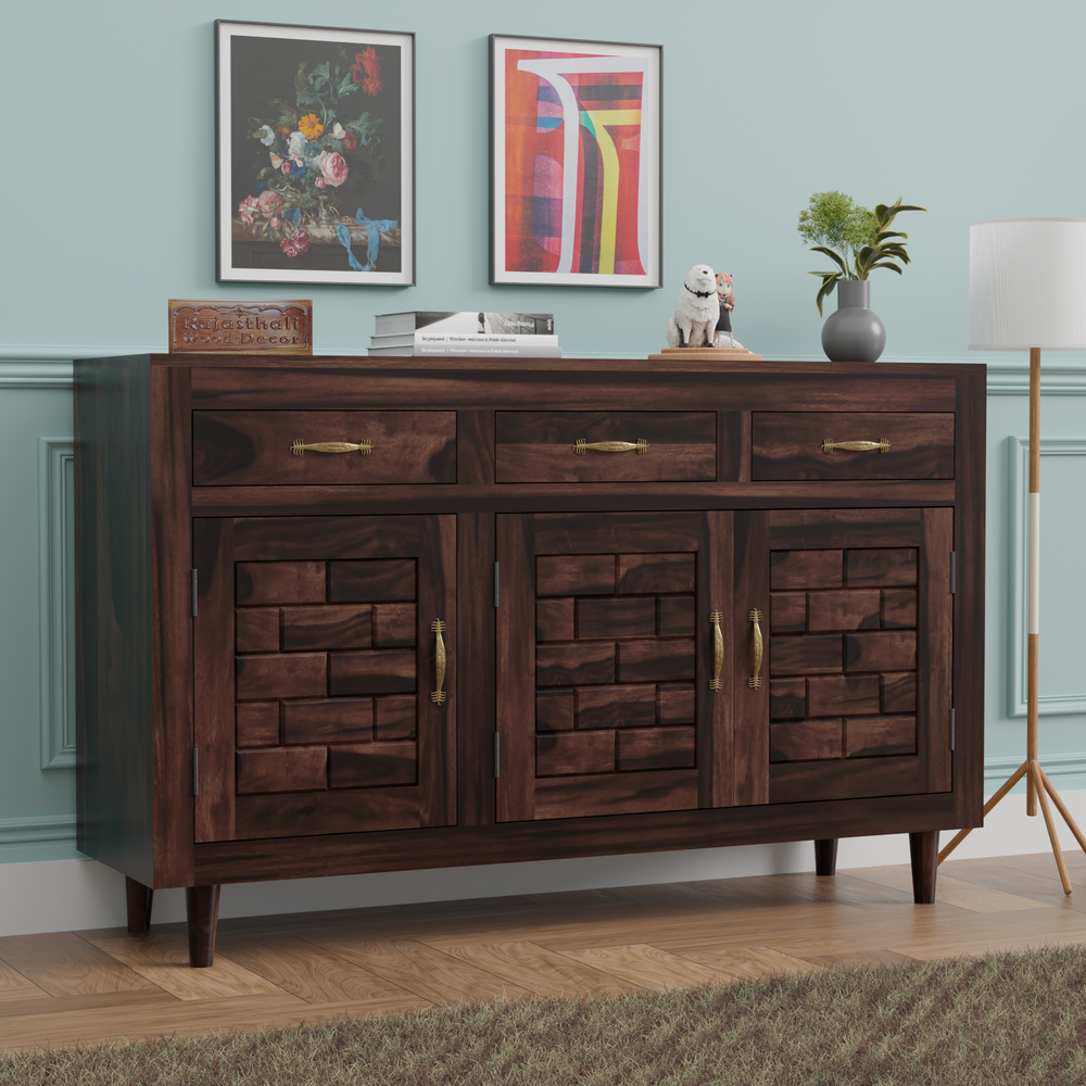 Wooden Sideboard Storage Cabinet with 3 Drawers and 3 Doors Storage Wooden Cabinet for Living Room in Walnut Finish - Rajasthali Furniture 
