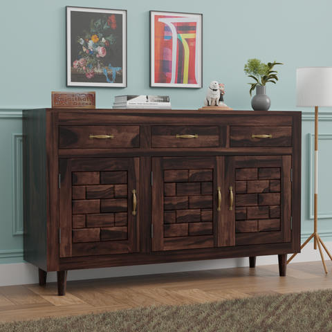 Wooden Sideboard Storage Cabinet with 3 Drawers and 3 Doors Storage Wooden Cabinet for Living Room in Walnut Finish