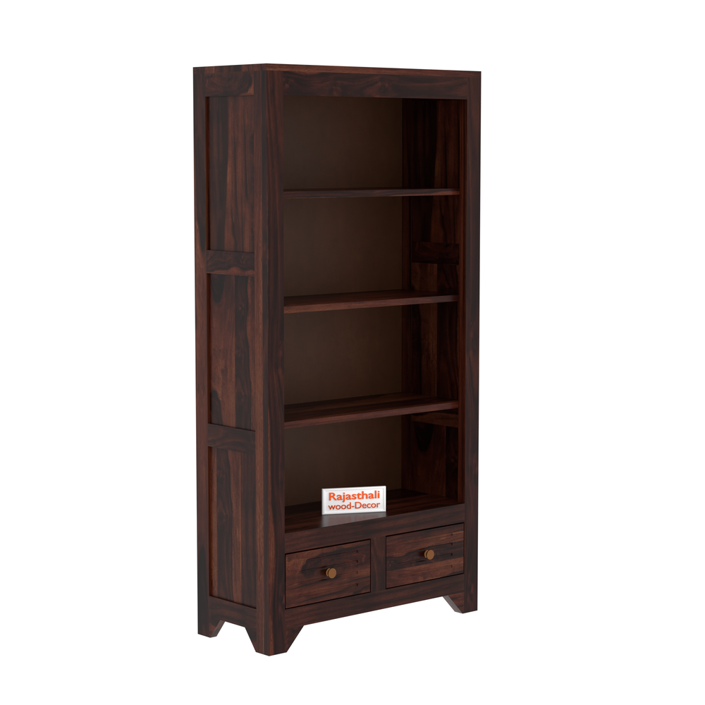 Wooden  Two Drawer 3 Shelves book shelf cum display cabinet in dark Color with Walnut Finish - Rajasthali Furniture 