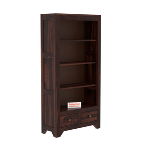 Wooden  Two Drawer 3 Shelves book shelf cum display cabinet in dark Color with Walnut Finish - Rajasthali Furniture 