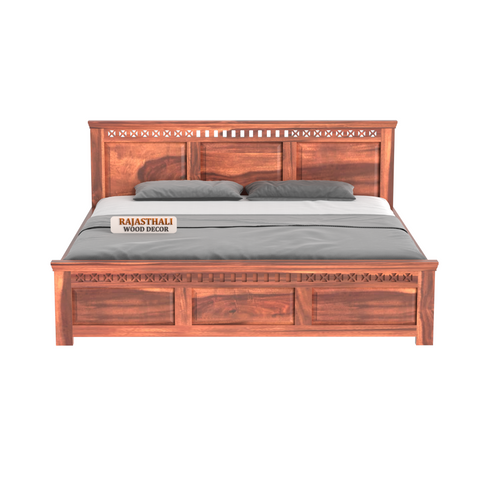 Solid Sheesham Wood King Size Bed with Headboard and Without Storage, Natural Finish