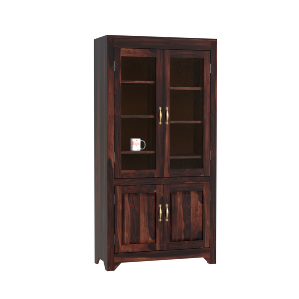 Wooden Display Cabinet with Glass and Wood Doors, 4 Doors Storage Unit in Natural and Walnut Finish - Rajasthali Furniture 