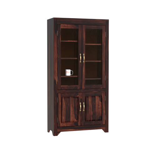 Wooden Display Cabinet with Glass and Wood Doors, 4 Doors Storage Unit in Natural and Walnut Finish