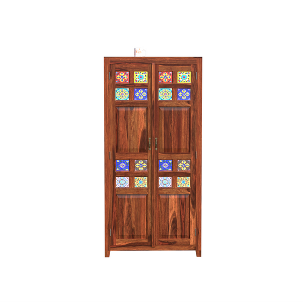 Solid Wood Ceramic Tile Floor Mounted Wardrobe/Almirah in Natural Finish - Rajasthali Furniture 