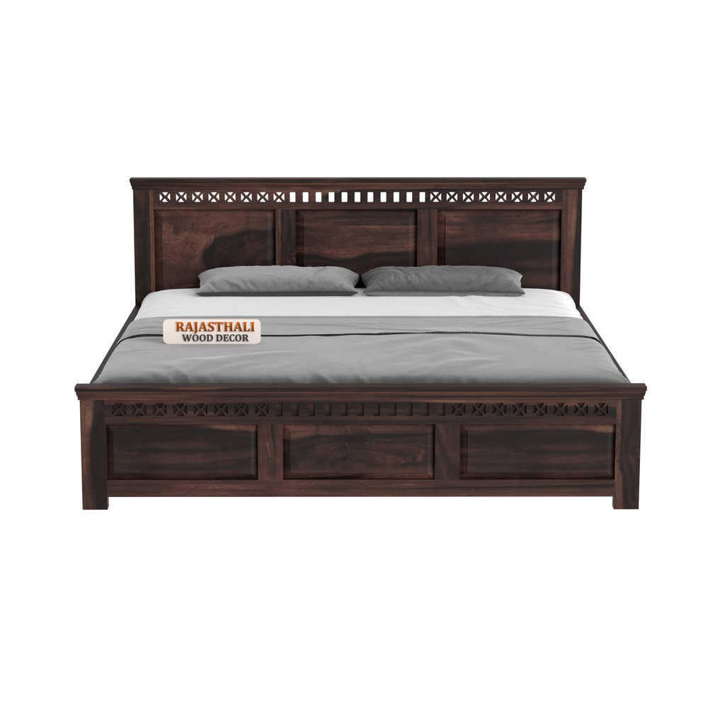 Solid Sheesham Wood King Size Bed with Headboard and Without Storage, Walnut Finish - Rajasthali Furniture 