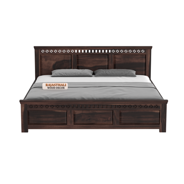 Solid Sheesham Wood King Size Bed with Headboard and Without Storage, Walnut Finish - Rajasthali Furniture 