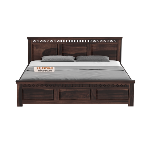 Solid Sheesham Wood King Size Bed with Headboard and Without Storage, Walnut Finish